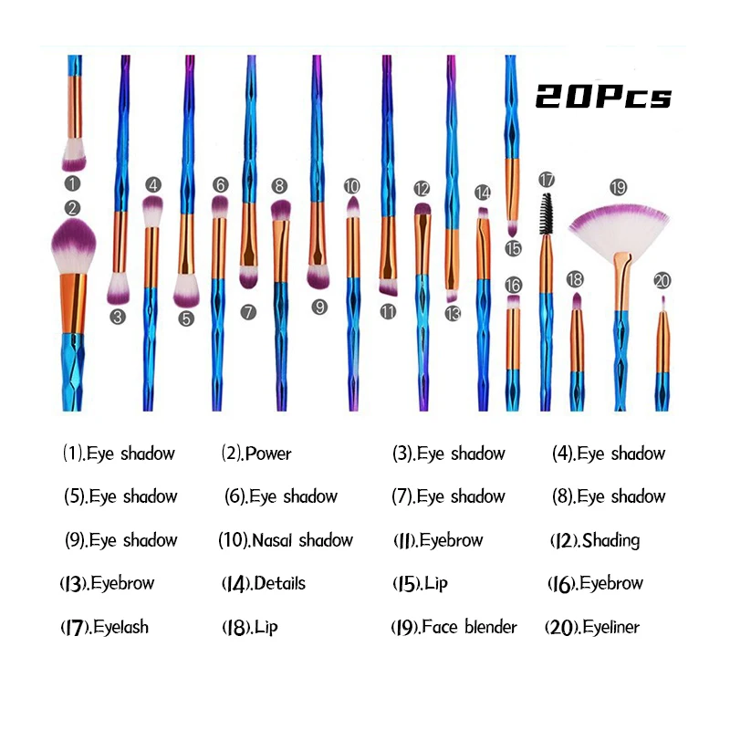 20 шт. алмазные кисти для макияжа набор кистей глаз тональный порошок тени век