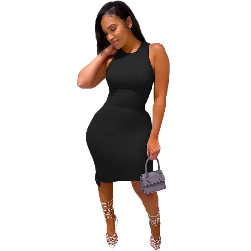 

ICCLEK 2021 European and American Wind Dress New Summer Fashion Women's Solid Color Sleeveless Bag Hip Slim Dress