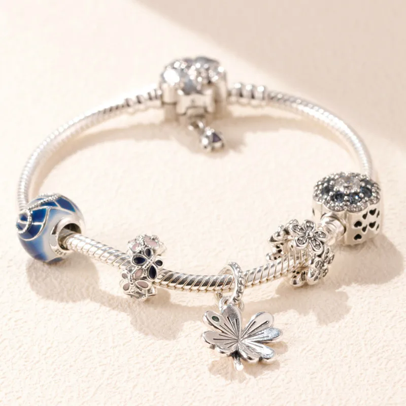 

Original 925 Sterling Silver Bead Charm Lucky Four-leaf Clover Set Beads Women pan Bracelet Bangle Diy Jewelry