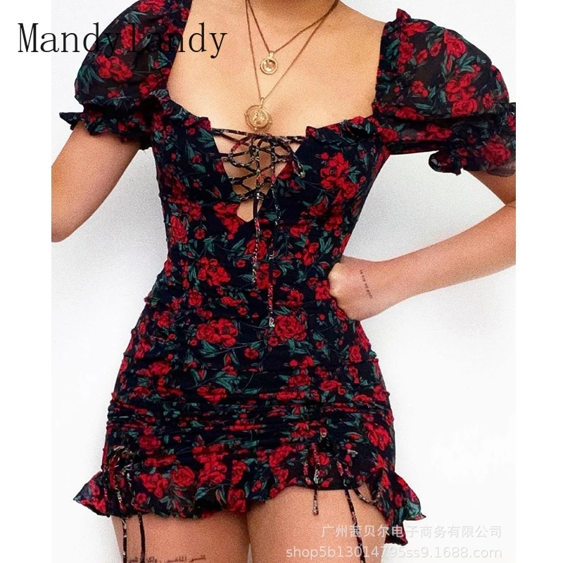 

Mandylandy Dress Summer Puff Sleeve Bandage Square Collar Dress Women's Casual Floral Print Slim Fit Lace Up Dress