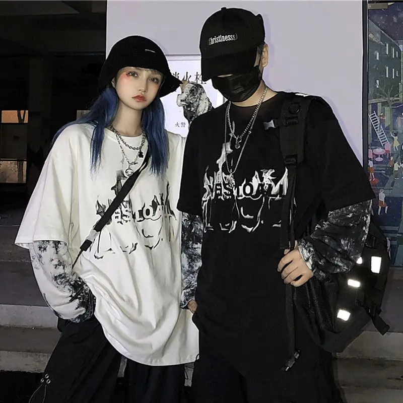 

Tie-dye Shirts Men Women Autumn O-neck Stitching Fake Two-piece Long-sleeved Couple Korean Fashion Trendy Printing Loose Clothes