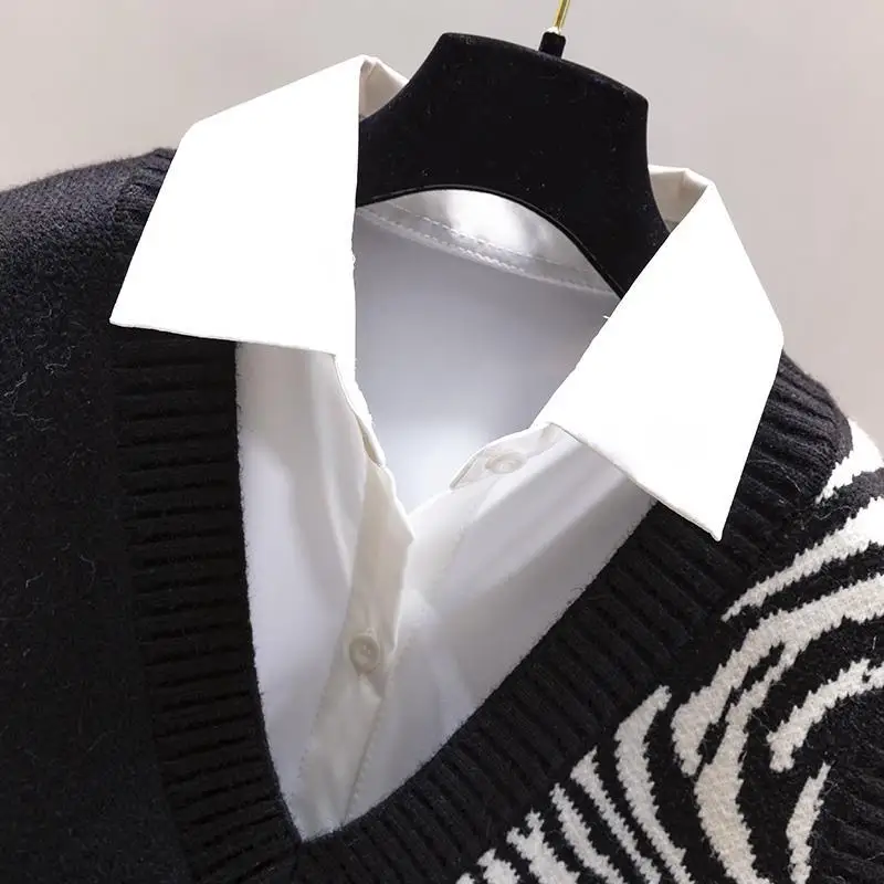 Модный черный вязаный жилет с узором зебры Женский Повседневный Свободный