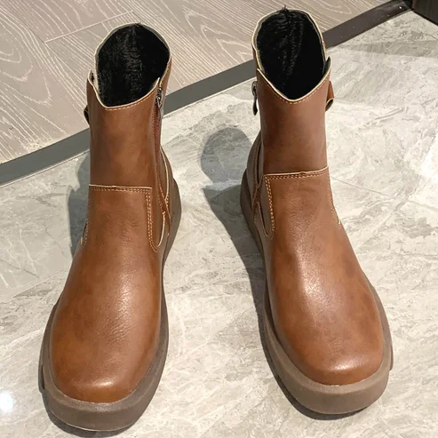 

2021 autumn new fashion thick-soled PU leather women's casual boots breathable round toe buckle side zipper women's ankle boots