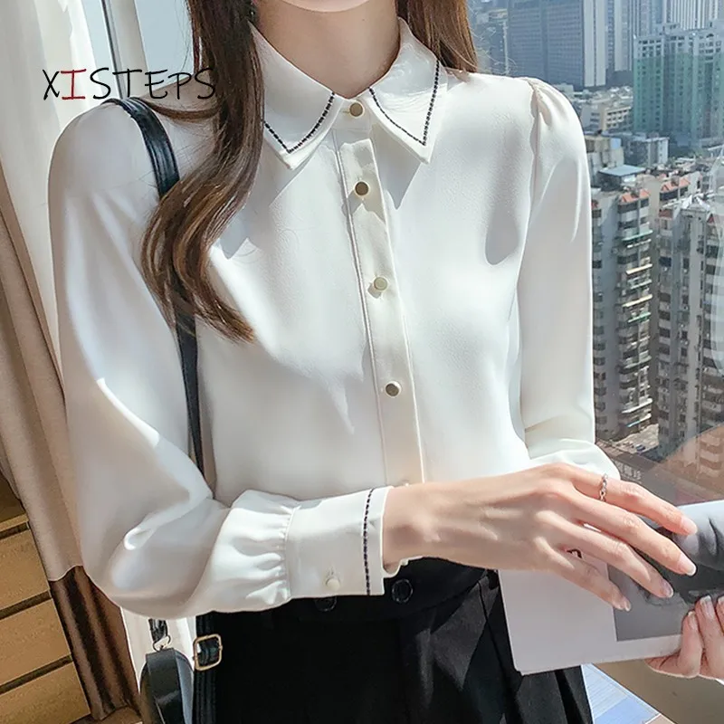 White Chiffon Blouses Shirts Women Long Sleeve Suit Office Lady Blousas Femme Elegant OL Tops 2021 Womens Tops And Blouses