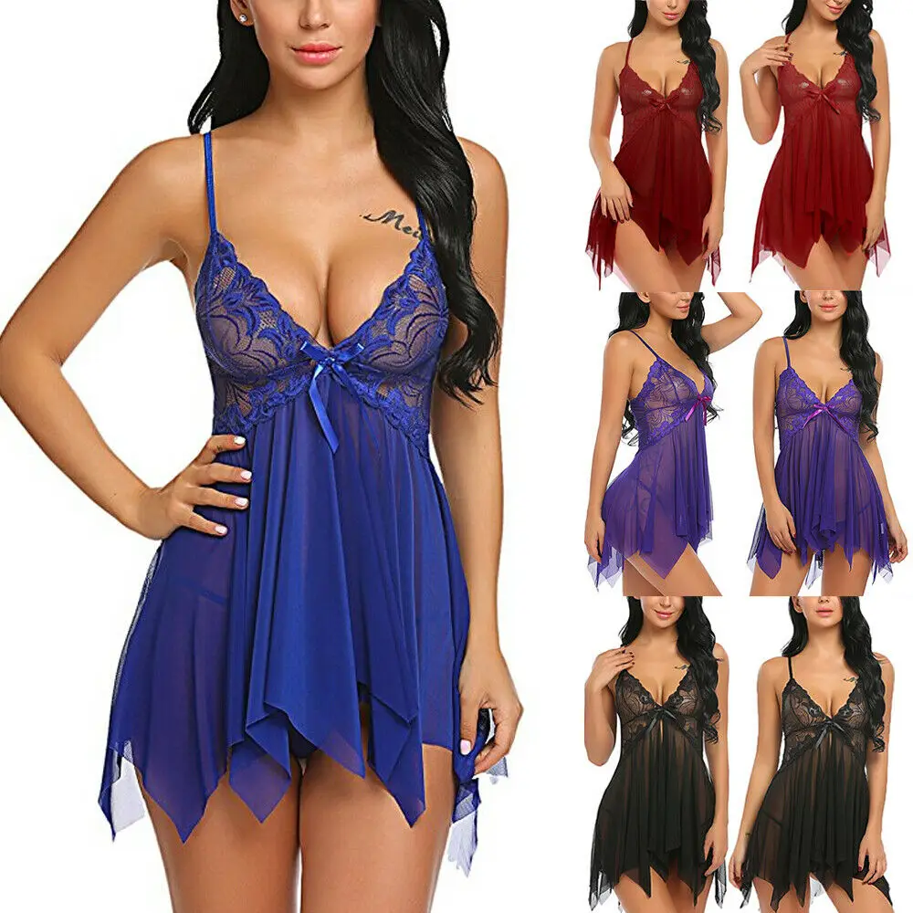 

Женское сексуальное черное кружевное нижнее белье Babydoll, Пижама, прозрачные стринги, нижнее белье, платье, набор аксессуаров