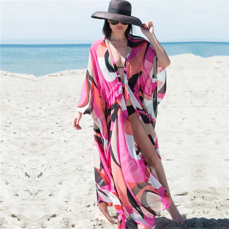 

2022 Sexy Dress Tunics for Beach Print Chiffon Long Kaftan Bikini Cover up Plus Size Robe de Plage Sarong Wrap Swimsuit Q1295