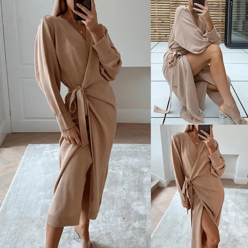 

Long Women Knitted Wrap Dress Onesize Autumn Solid Color Elegant Dress Sexy V Neck Belt Dress Maxi Robe Knitwear Ladies Clothes