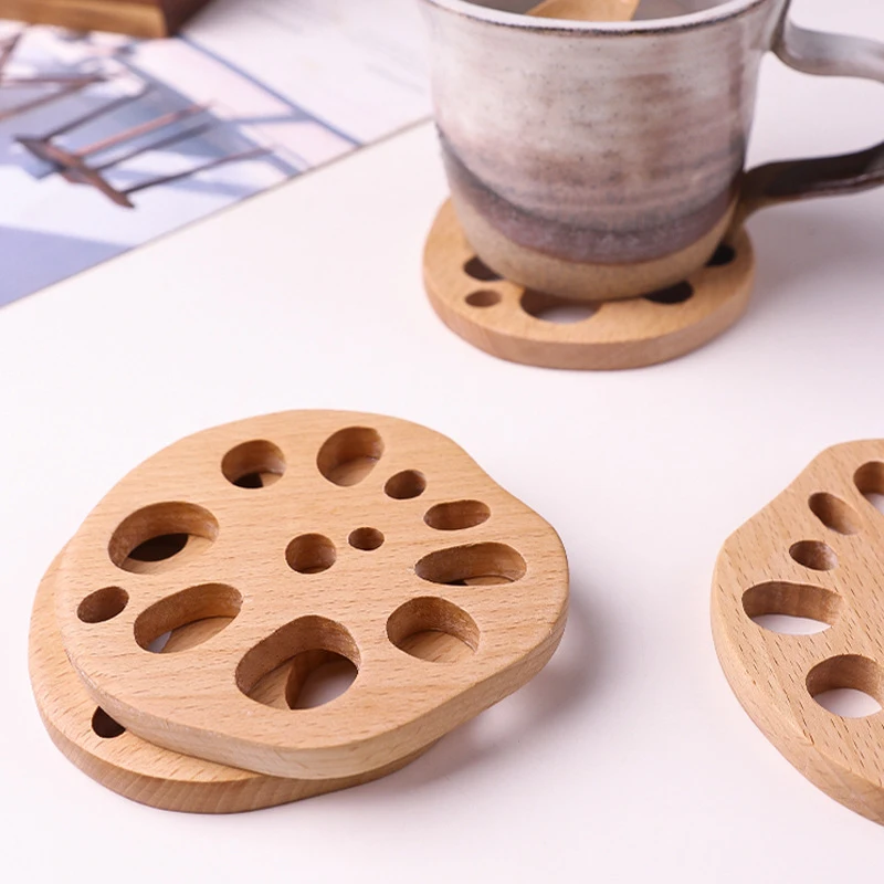 

Creative Lotus Root Cup Mat Wooden Coaster Beech Wood Coffee Cup Pad Placemats Decor Coaster Durable Heat Resistant Drink Mat