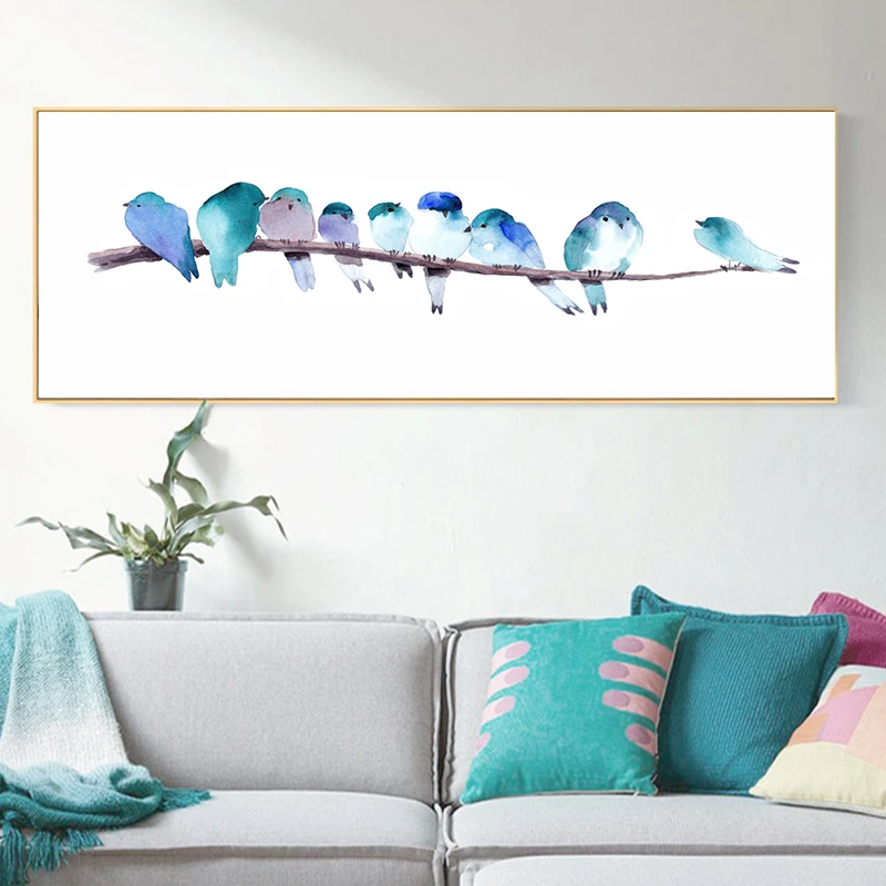 Акварельные животные синие птицы плакат минималистичное Искусство Холст
