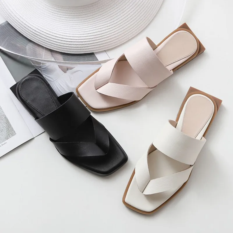 Женские шлепанцы из 100% бычьей кожи Повседневные Вечерние на плоской подошве