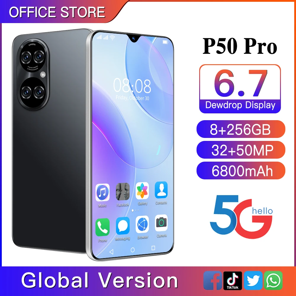

Newest Global P50 Pro 6.7" Water Drop Screen Qualcomm 888 Smart Phones 8 256GB Andriod 11 GPS 5G 3D Glass Back Cover Cellphones