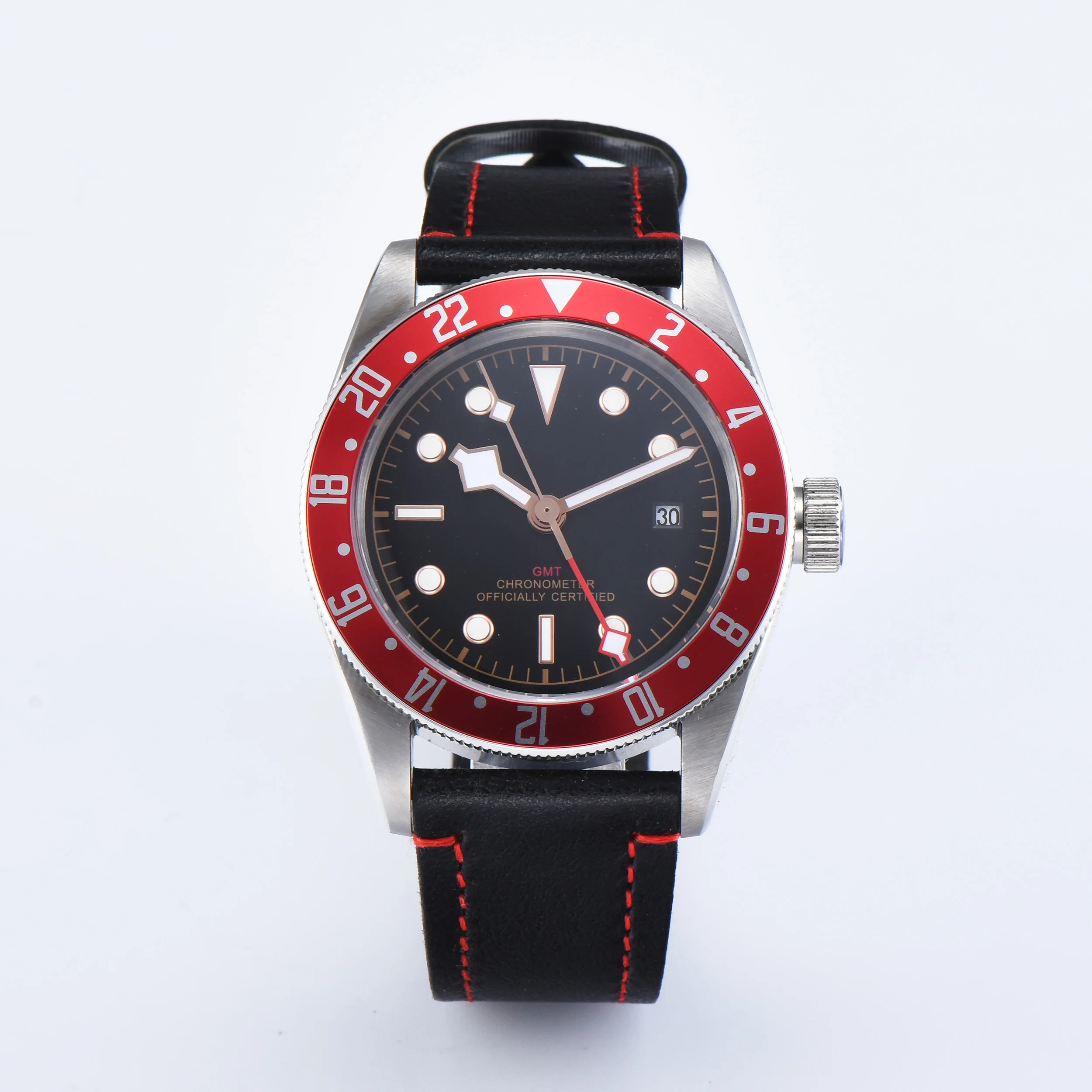 Corgeut 41 мм стерильные GMT часы черный циферблат Bay красный ободок окно даты