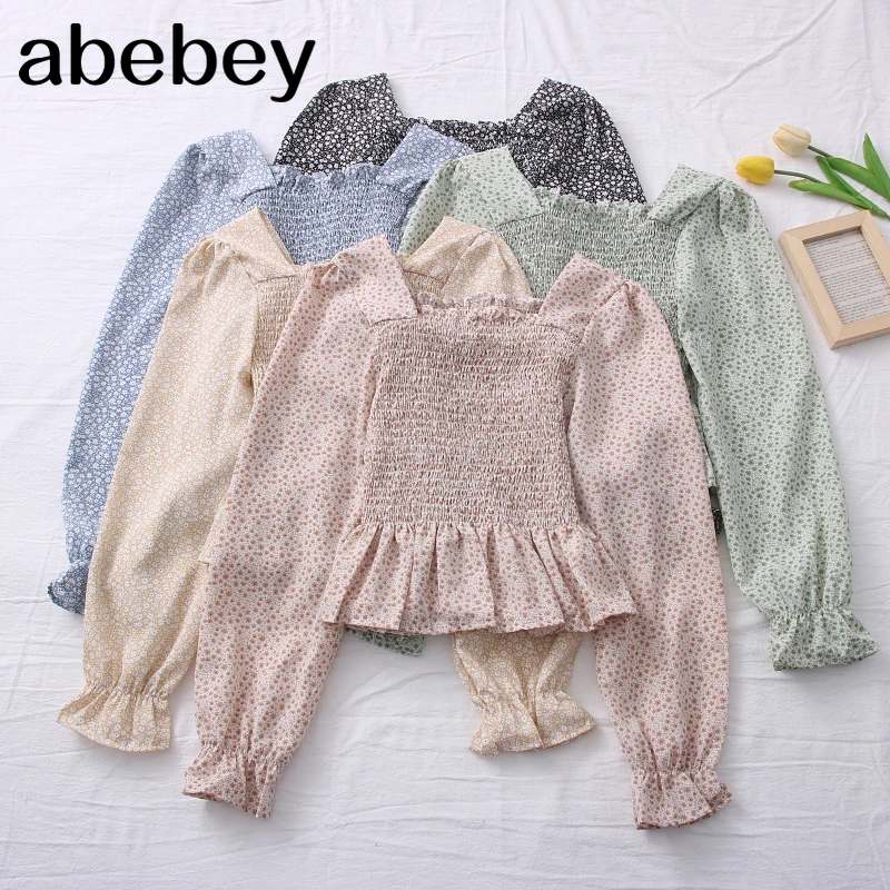 

vintage Casual female Autumn New square collar Shirts lantern sleeves short chiffon white shirt womens tops blouses Clearance