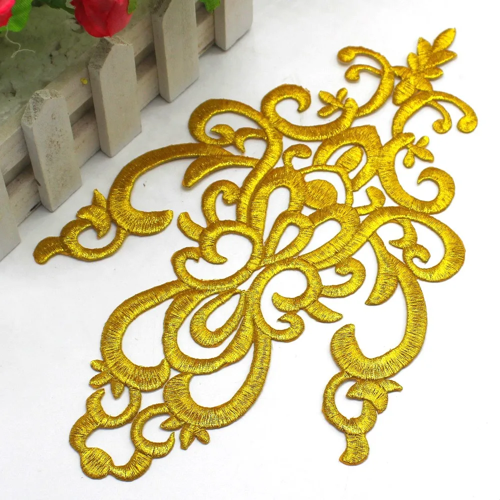 

Iron On Patches Gold Appliqued Cosplay Lace Diy Embroidery Flower Trims 26*16cm