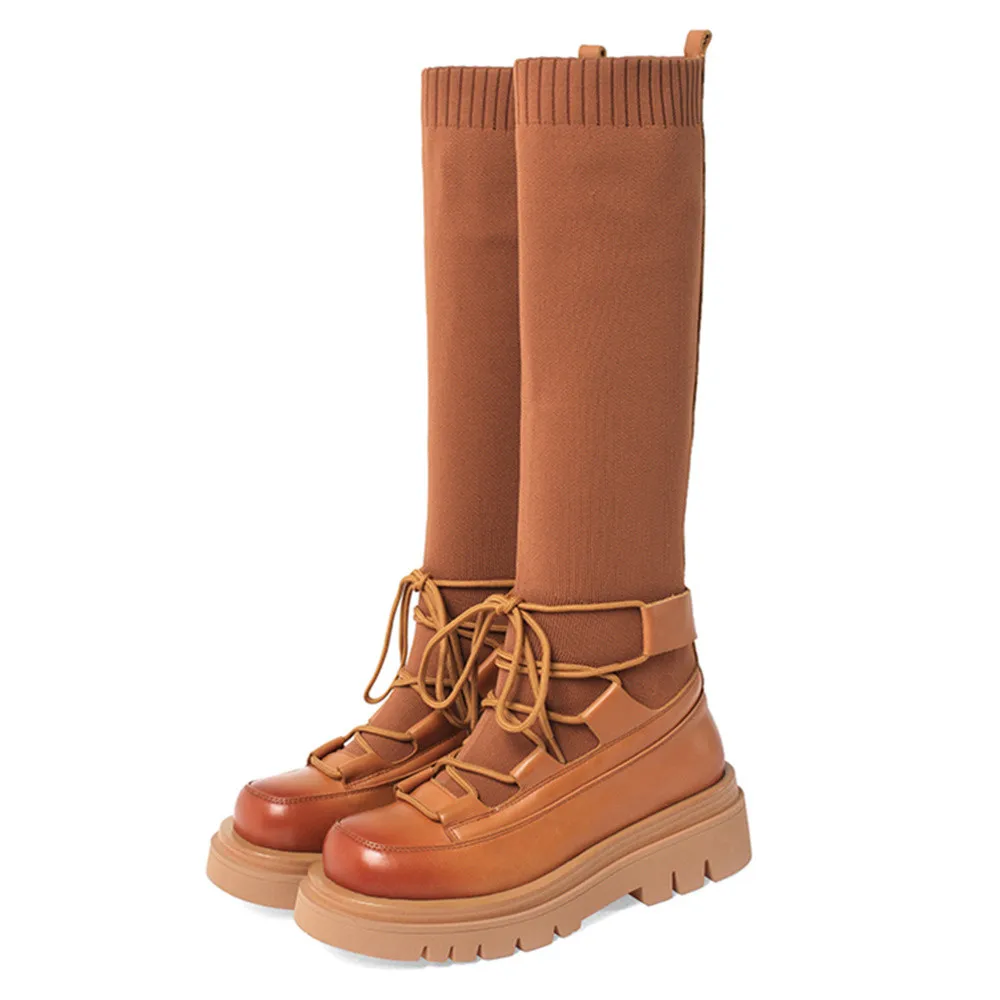 

Aiyoway New Arrived Autumn Genuine Leather Knitting Knee High Boots Platform Cross Tied Round Toe Solid Women Shoes