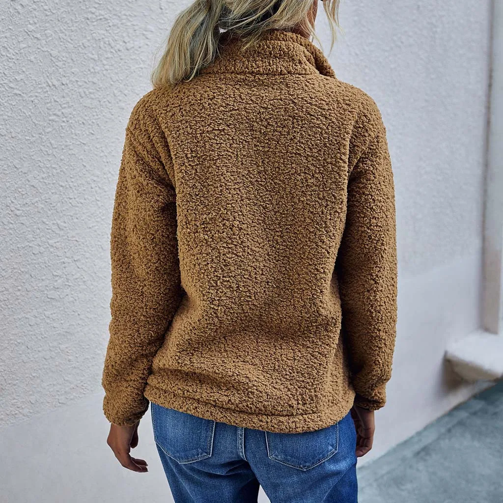 Зимние женские модные пушистые однотонные сохраняющие тепло толстовки на молнии