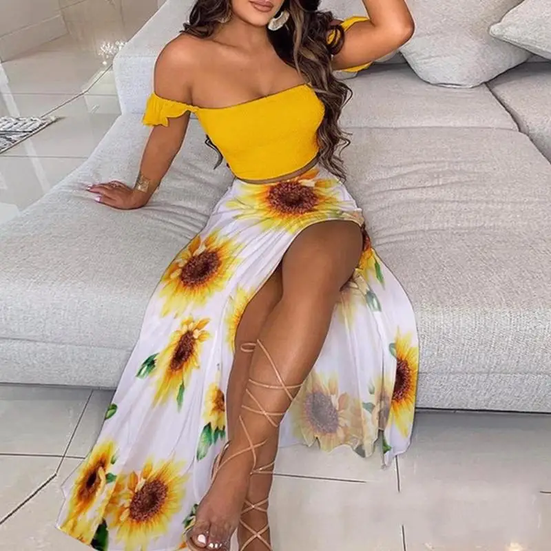 

Elegant Floral Dress Women Vintage Two-piece set of Temperament High Shoulder Top Skirt Slit Frill Party Dress Set Dropped N1T5