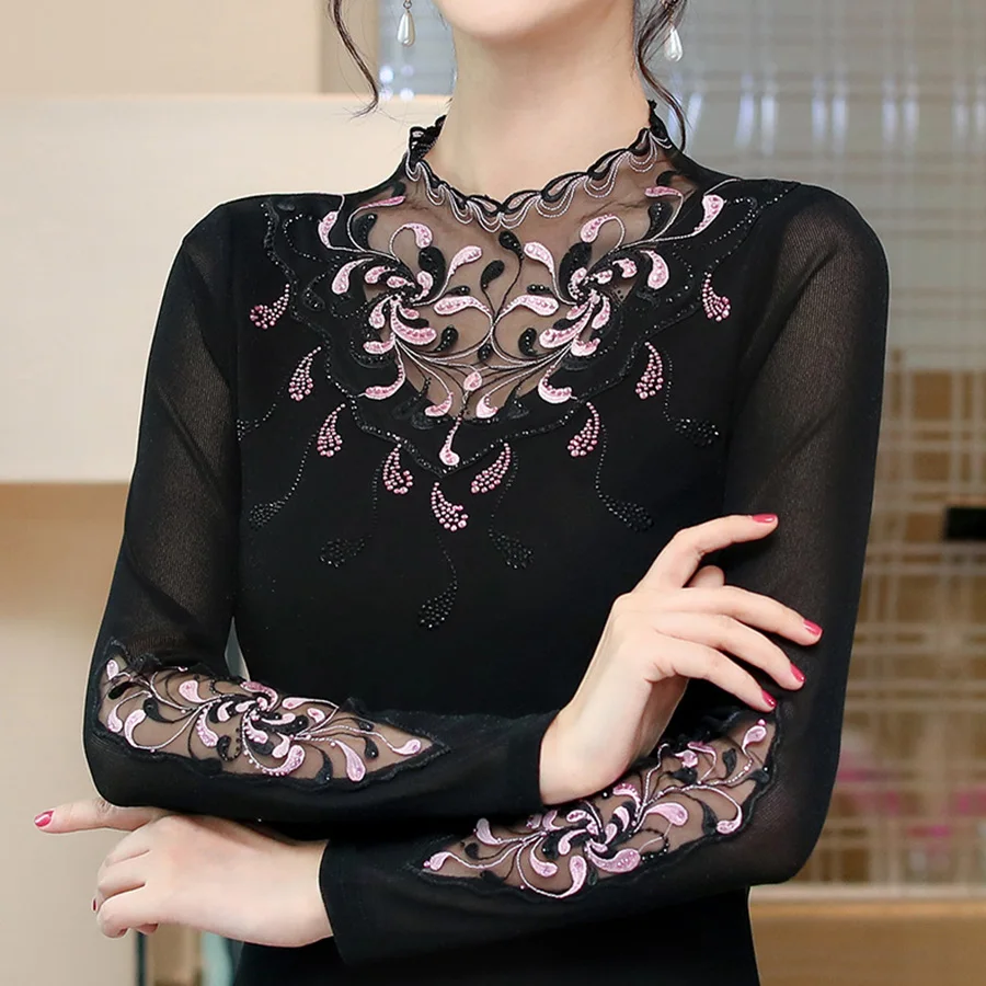 2021 Сезон весна осень Новая женская нижняя рубашка с воротником стойкой ажурный