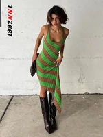 tnnzeet bohemian style chic women long dress 2022 twill stripe low cut halter dress green khaki stripe long knee length dress