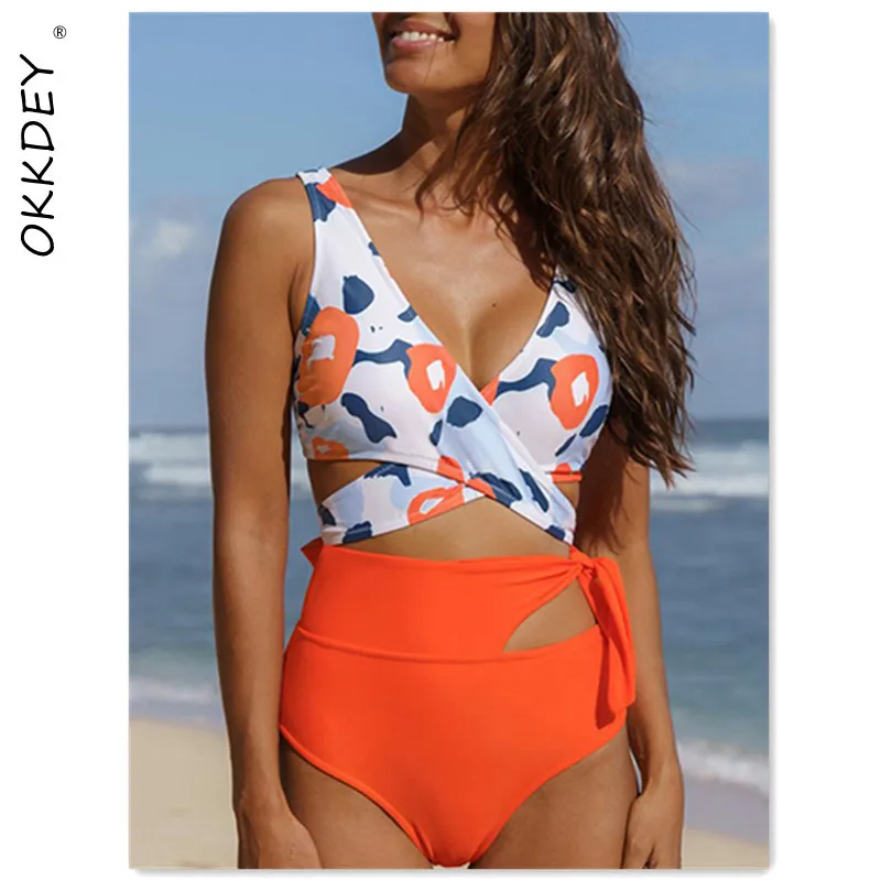 

High Waist Women's Swimsuit 2021 Bandage Cross Swimwears Floral Print Bikini Sexy Cut Out Bathing Suits V-neck Biquini Beachwear