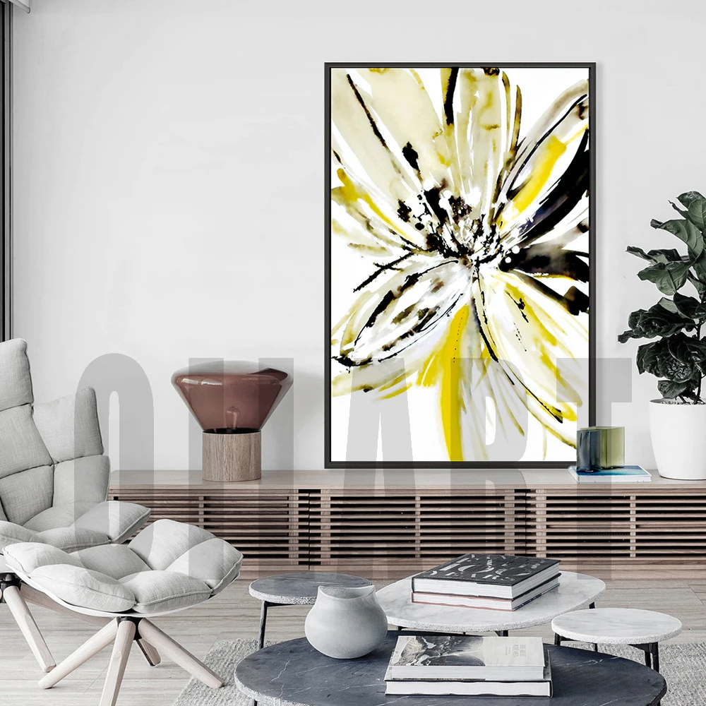 

100% Hand painted Scandinavian Home Decor Modern Abstract Canvas Painting Yellow Flower for Living Room Dining Room Bedroom