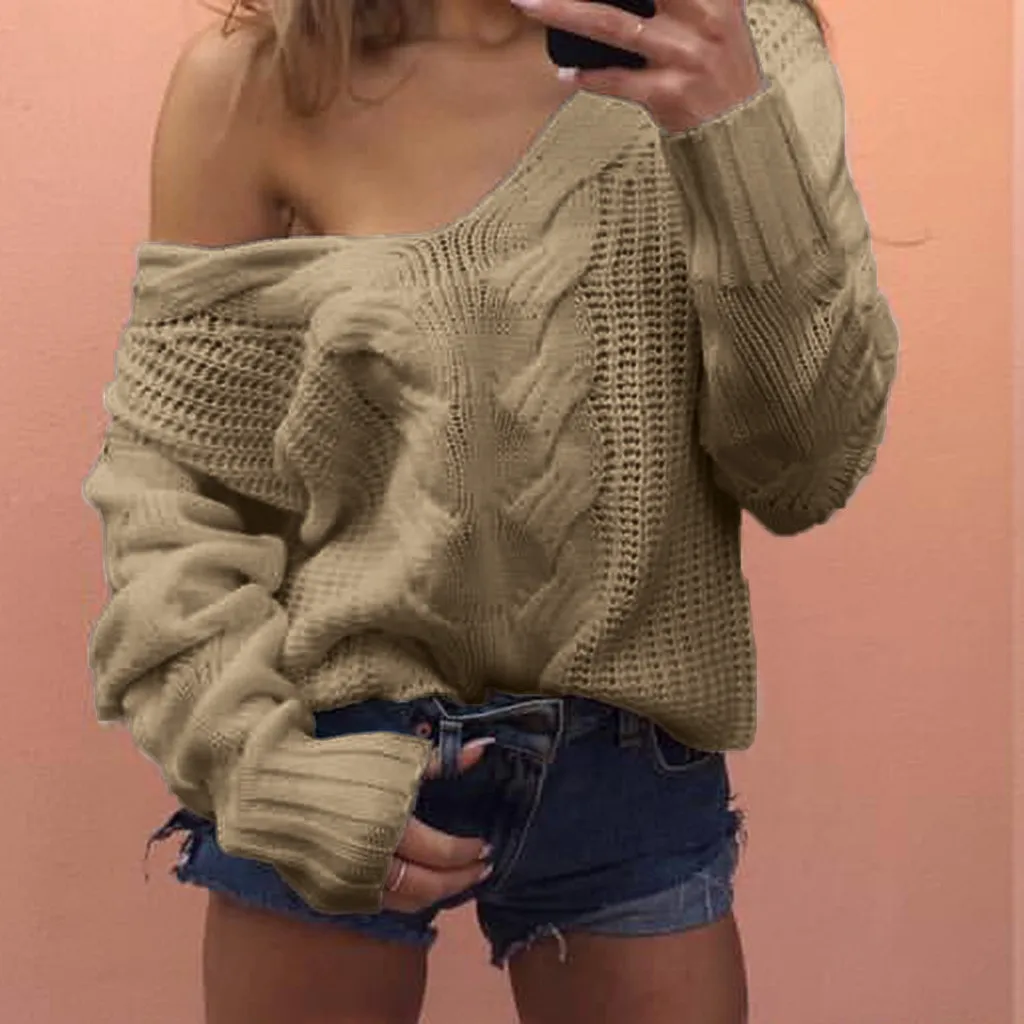 Women Sweaters Lady V-neck Casual Solid Loose Long Sleeve Tops Slim Fit Knitted Pullover Female Autumn Winter Sexy Sweater | Женская