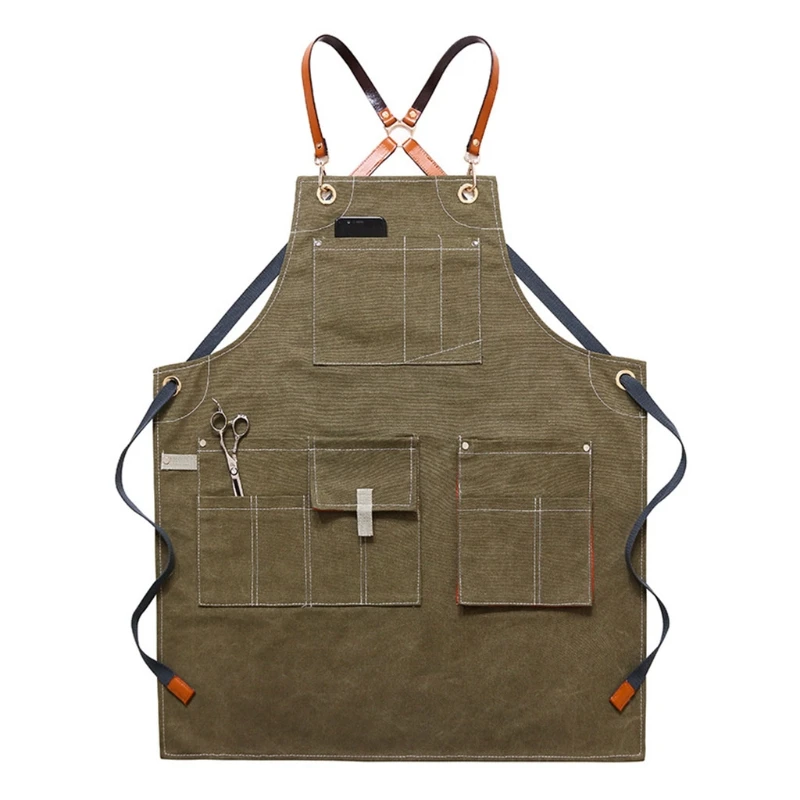 

Chef Apron Cotton Canvas Cross Back Adjustable Apron with Pockets for Women and N7MB