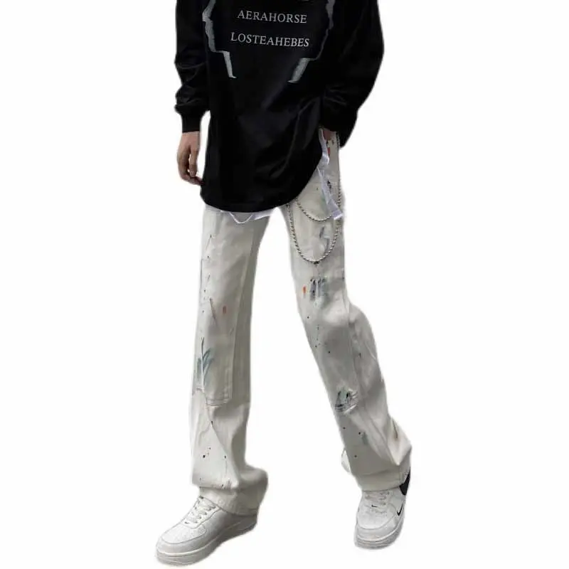 Denim Jeans for Men Splash Graffiti Jeans Vibe Retro Loose Straight Hip Hop High Street Pants Streetwear Men Designer Jeans Men