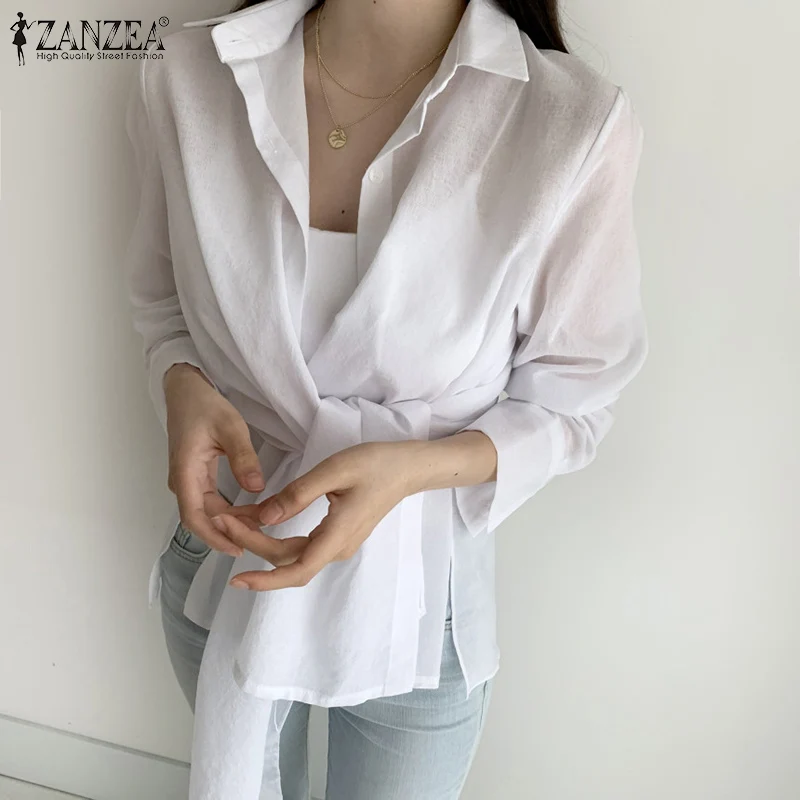 

Модная Осенняя Рабочая Рубашка ZANZEA, Однотонная рубашка оверсайз с отворотом, Женская Повседневная Блузка с длинным рукавом и шнуровкой, Жен...