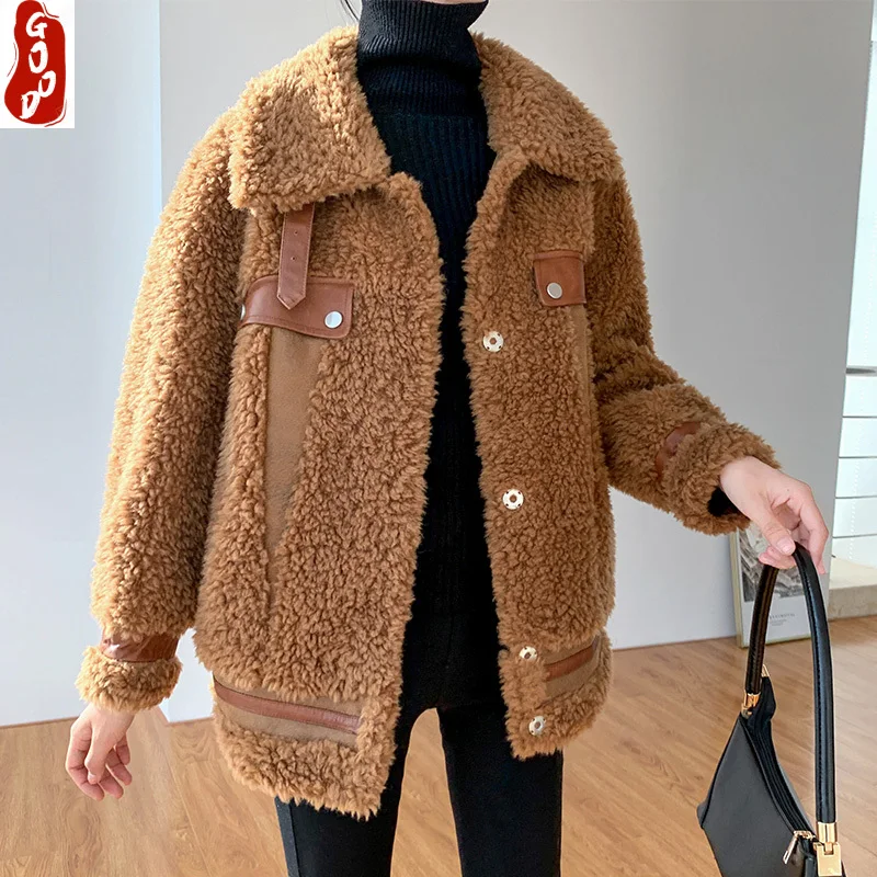 

2021 Winter Real Fur Coat Women Vintage Short Sheep Shearling Overcoat Streetwear Fur Coat 100% Wool Jackets Hiver 991