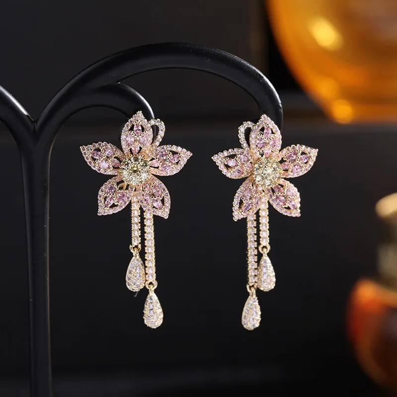 

Elegant AAA Cubic Zircon Flower Tassel Drop Earrings For Women Wedding Jewelry