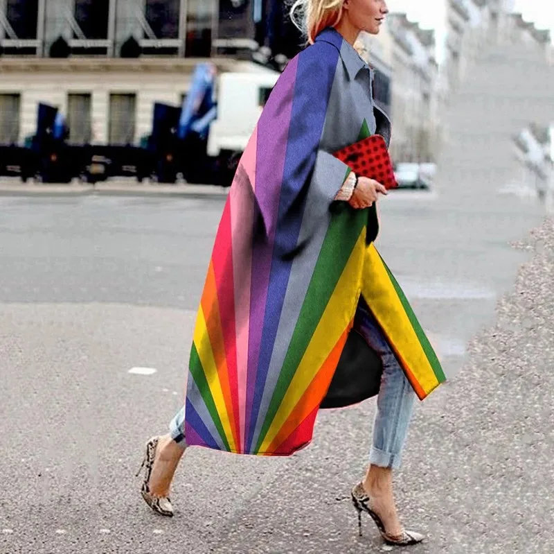 

Женское длинное Свободное пальто, разноцветное осеннее модное платье с геометрическим принтом и отложным воротником