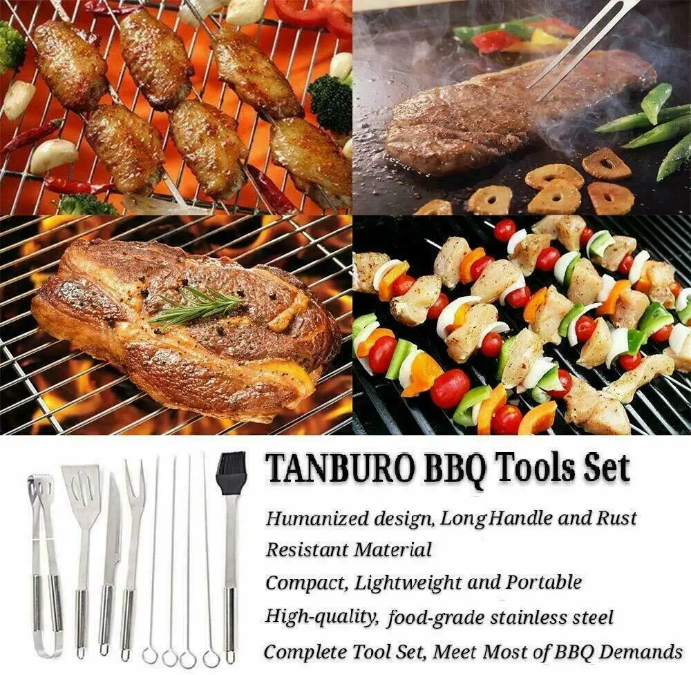 

9Pcs Stainless Steel BBQ Tools Set BBQ Grill Utensils Barbecue Utensils Accessories Kit Camping Outdoor Cooking Tools