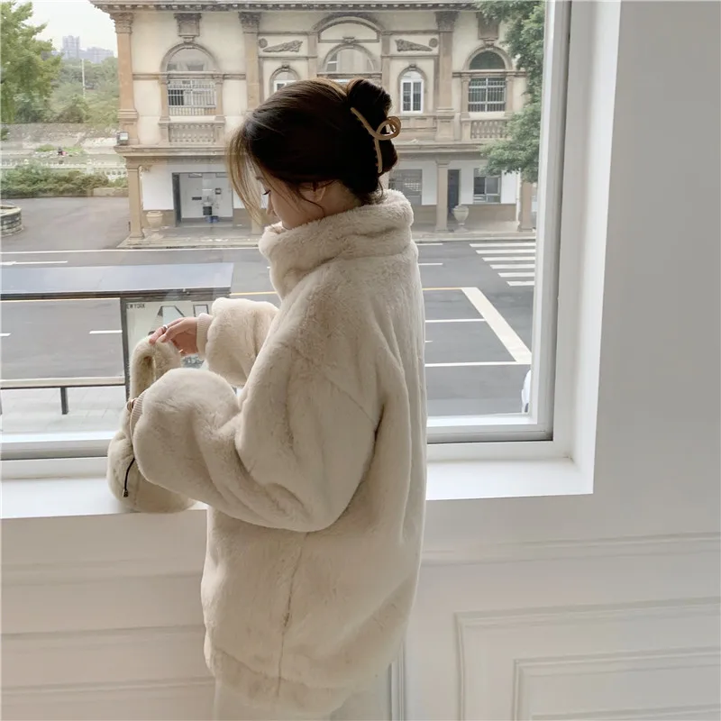 

2020 Winter Jacket Fashion Thickened Stand Collar Mink Cashmere Coat for Women Long Sleeve Loose Plush Pink Outwear Overcoat