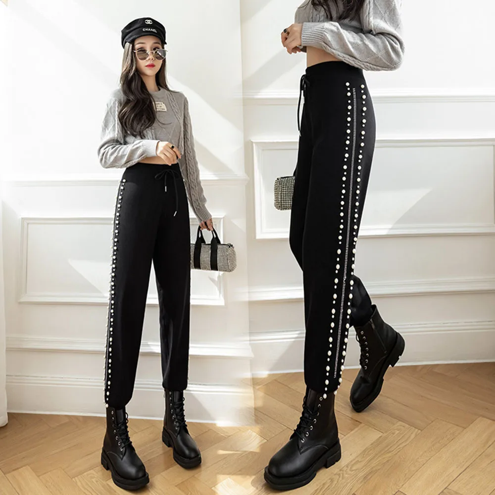 

Women Pants Spring Autumn Knitted Trousers Pants Harem Pants Women's Pants Beaded Loose Pants Pantalones De Mujer