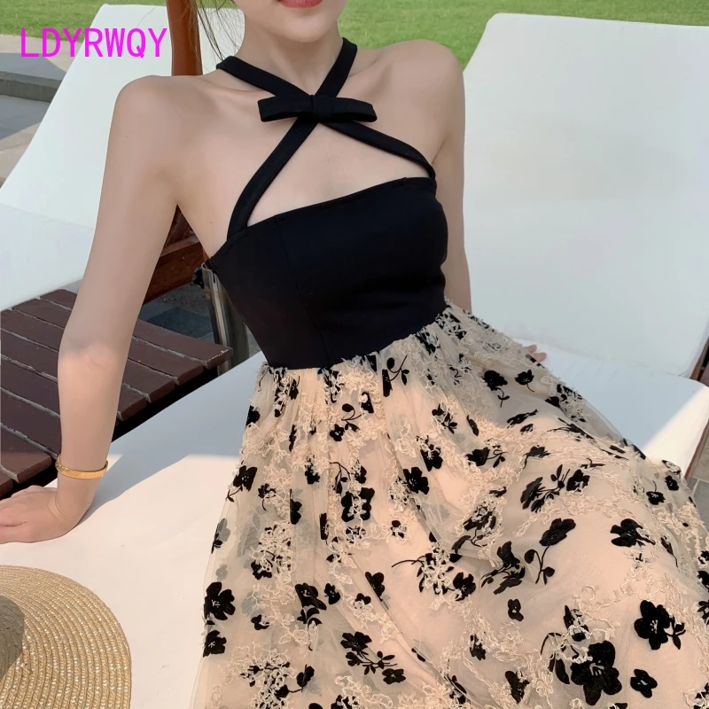 

LDYRWQY 2021 summer new French sexy slim halter neck strap mesh floral sling beach dress Polyester Office Lady