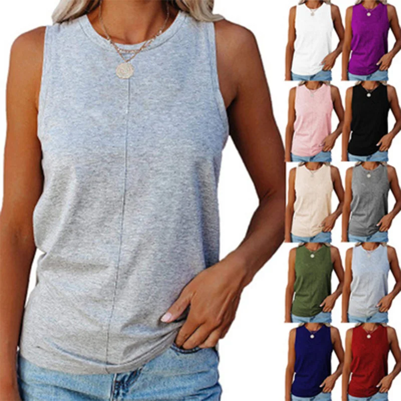 

2021 Hot-Selling Zomer Toevallige Vest Mouwloze Ronde Hals Trui Stiksels Effen Kleur Losse Top Vrouwen T-shirt