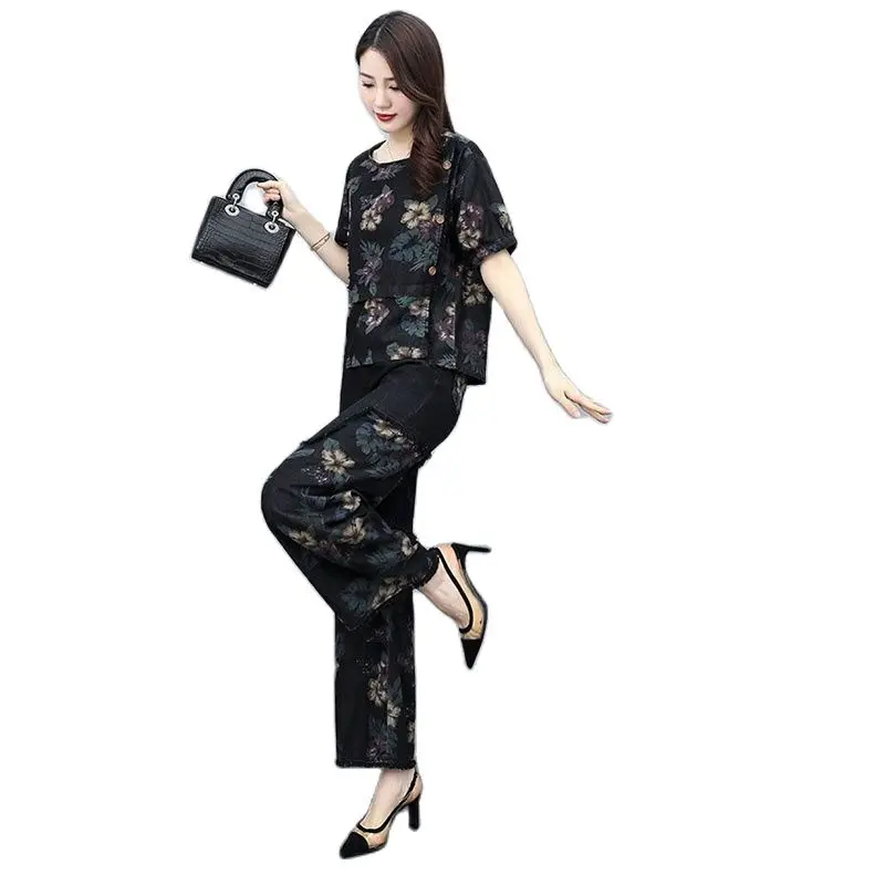 

Костюм женский джинсовый из двух предметов, модный брючный костюм из денима с широкими штанинами, Свободный Повседневный костюм средней длины из Cowgirl, 2020