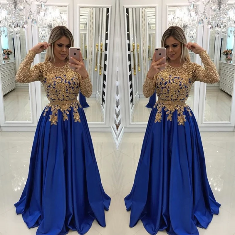 

Royal Blue Formal Dress 2020 robe de soiree longue Applique Bead Evening Dresses Satin Sleeves Elegant abiye Vestidos Longo