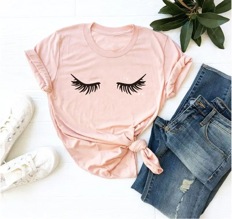 pink t black words Дизайнерская футболка с принтом ресниц, повседневный летний женский топ с коротким рукавом, милый женский Топ Harajuku Tumblr, женская футболка, Прямая поставка - Цвет: pink t black words
