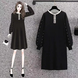 EHQAXIN Autumn Winter Large Size Womens Knitted Dresses Fashion Black Round Neck Beaded Long Sleeve Loose Mid-Length Dress L-4XL