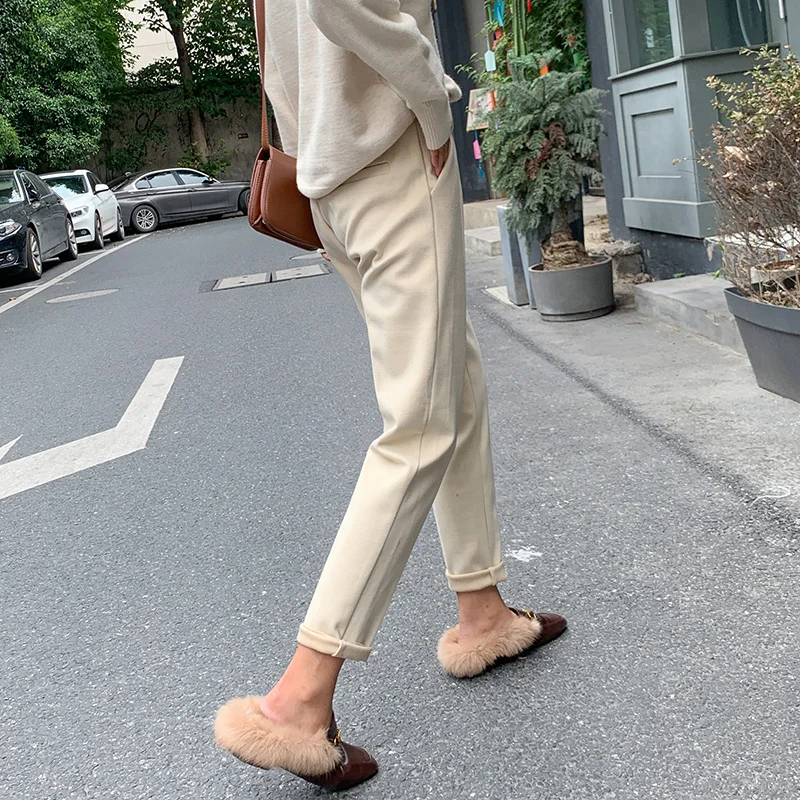 

2020 New Autumn Winter Fashion Women Woolen Pants High Waist Harem Elegant Trousers Female Warm Women's Ankle-Length Wool Pants