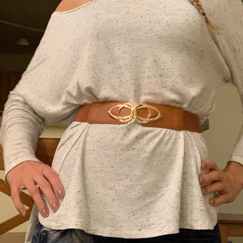 

Women's Belt Solid Color Elastic Thick Waist Fashion PU Leather Elastic Wide Women Metal Buckle Belt