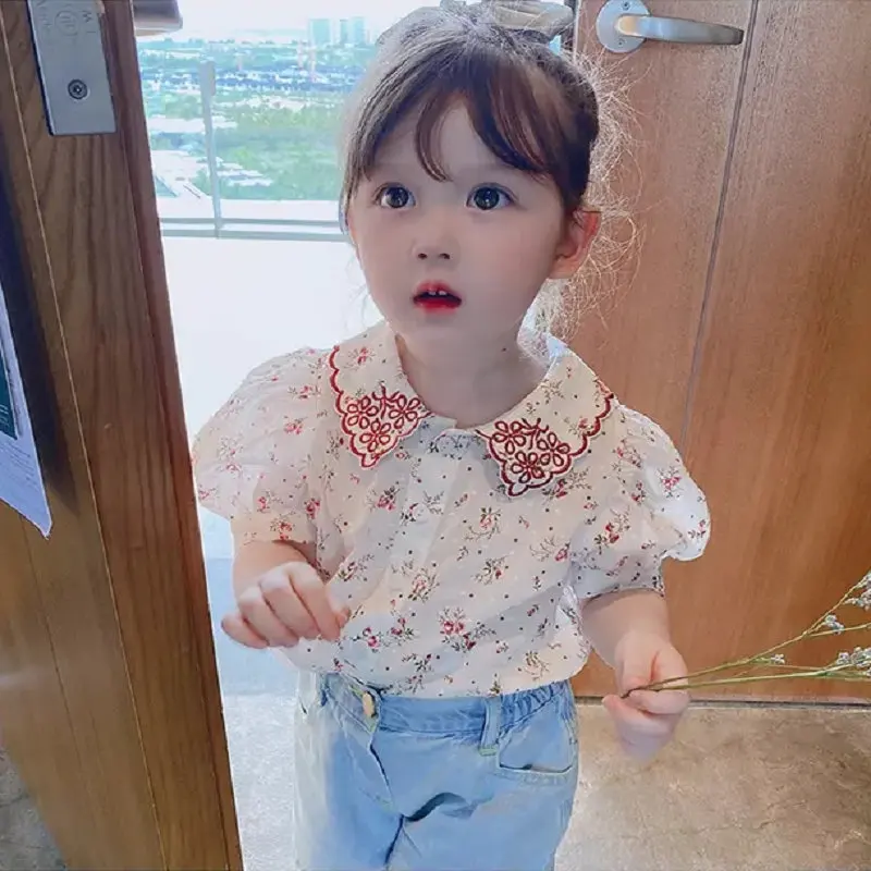 

DFXD Girl Clothes Summer Baby Girl Blouse Shirts New Fashion Floral Embroidery Puff Sleeve Princess Tops Kids Cotton Clothing
