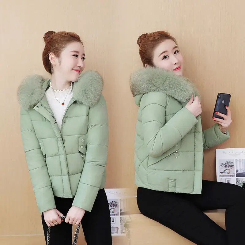 

New Arrival Fur Hooded Women Winter Puffer Coat Short Slim Warm Padded Jacket Thick Loose Black