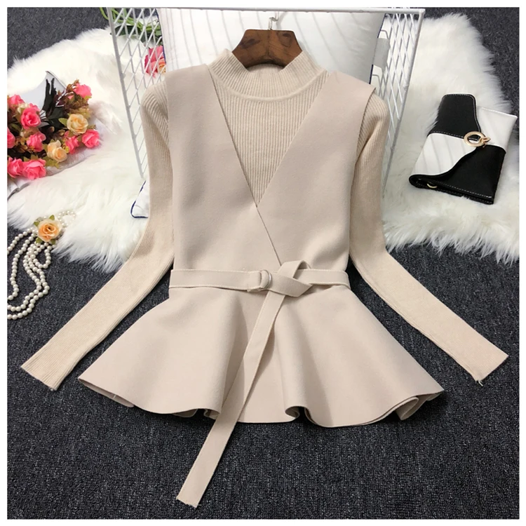 ALPHALMODA осень НОВАЯ Трикотажная нижняя рубашка+ жилет модный костюм из двух частей женский жилет с v-образным вырезом и поясом+ свитер с длинными рукавами