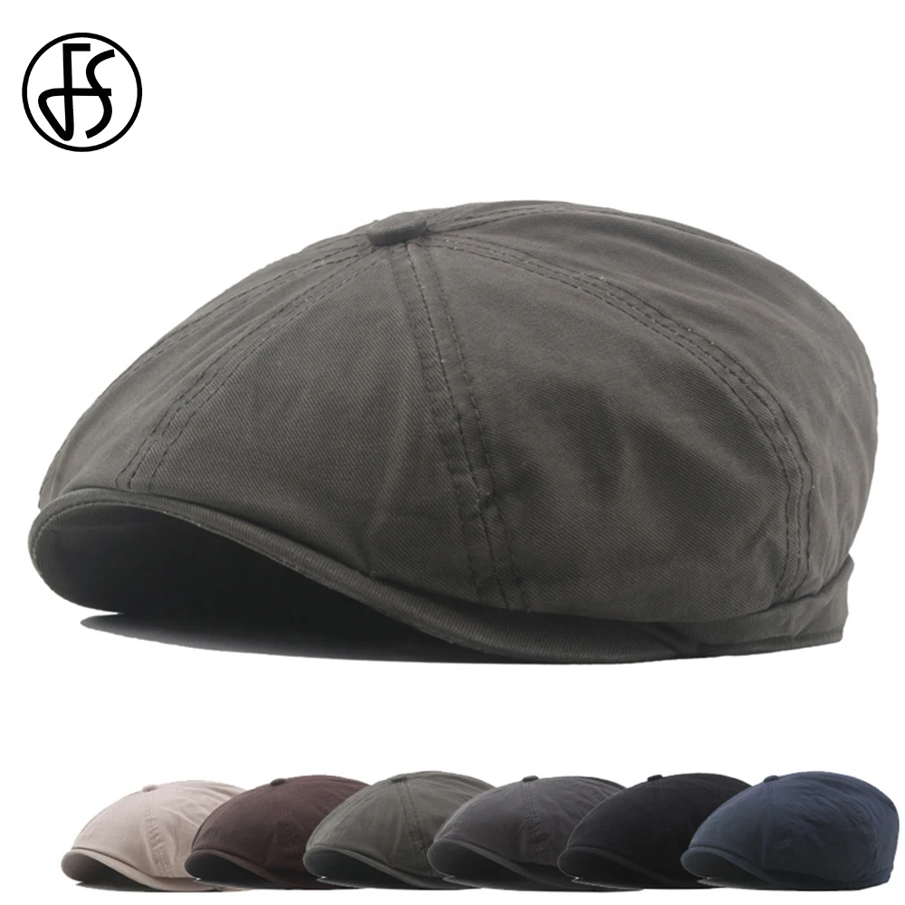 

FS 2021 зимняя новая омытая хлопковая восьмиугольная шапка мужская однотонная плоская шапка британский стиль берет модные Универсальные шляп...