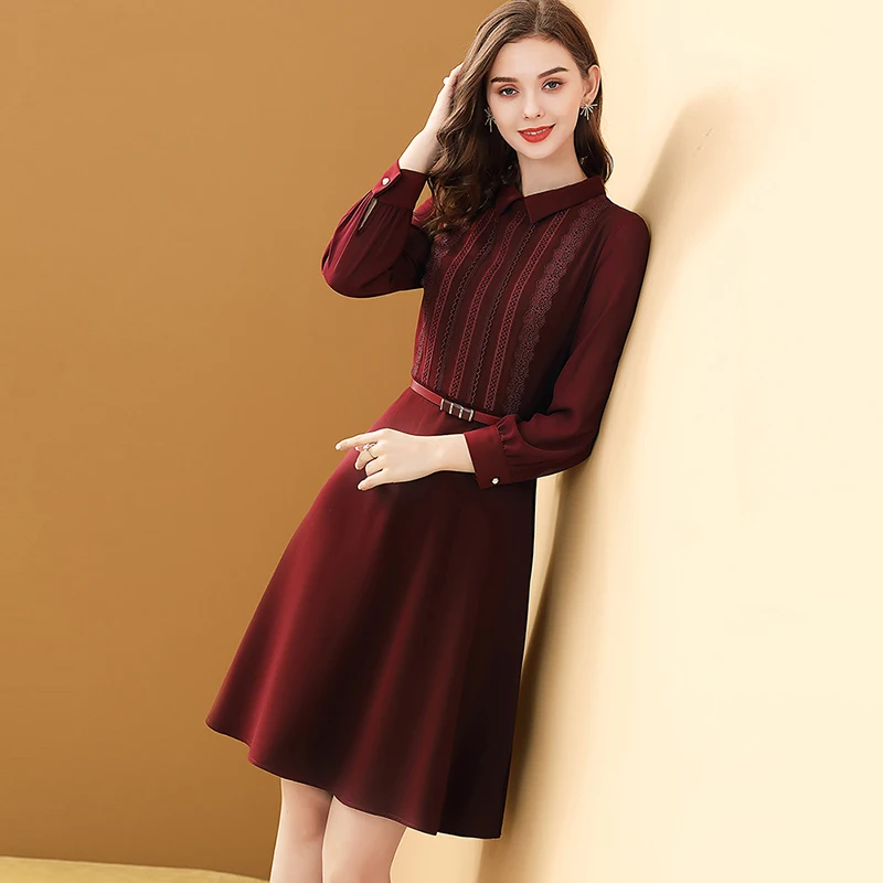 Женское вечерние жевное платье с поясом воротником-поло на осень/зиму | Женская