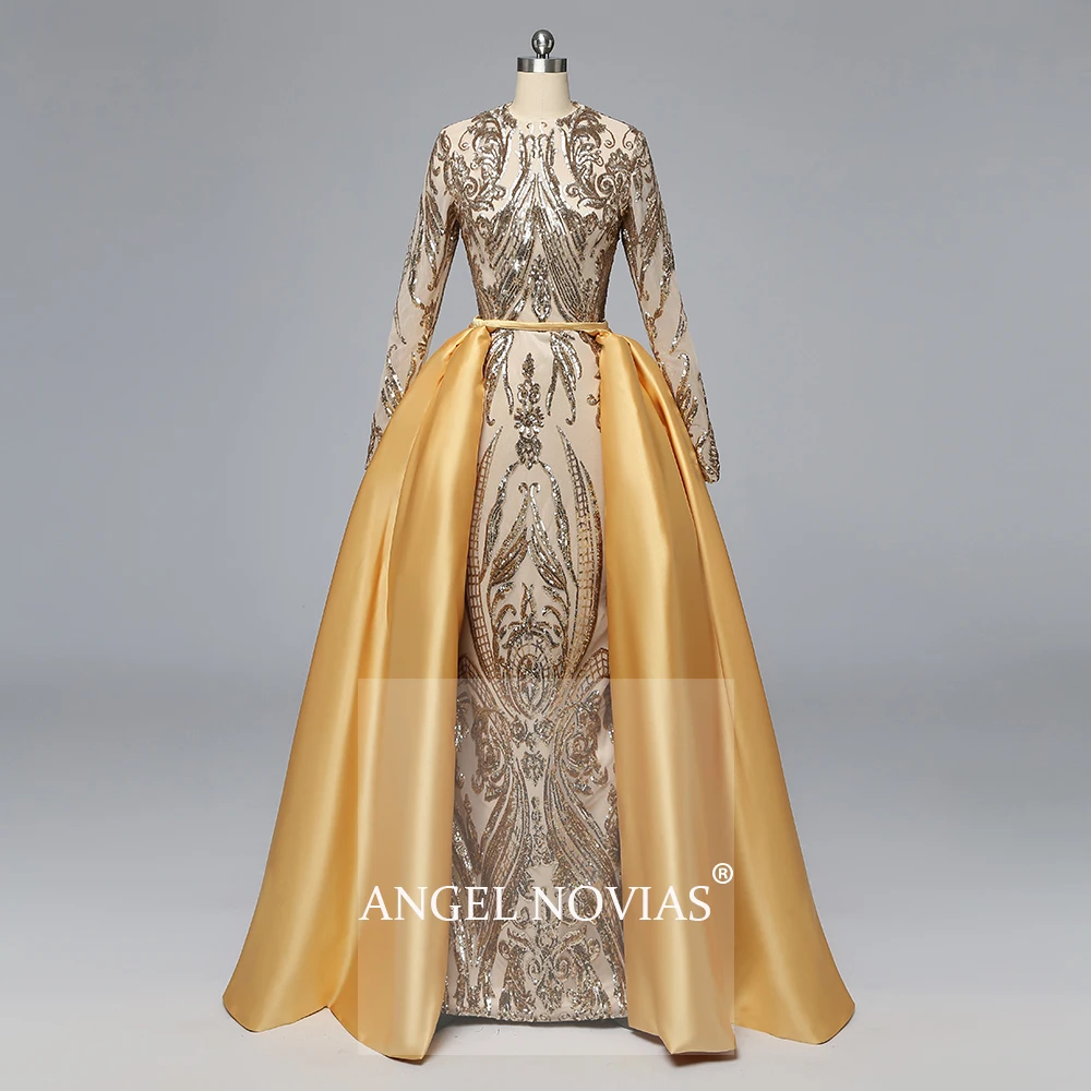 Мусульманское Золотое вечернее платье Angel Novias с длинным рукавом 2020 арабское для
