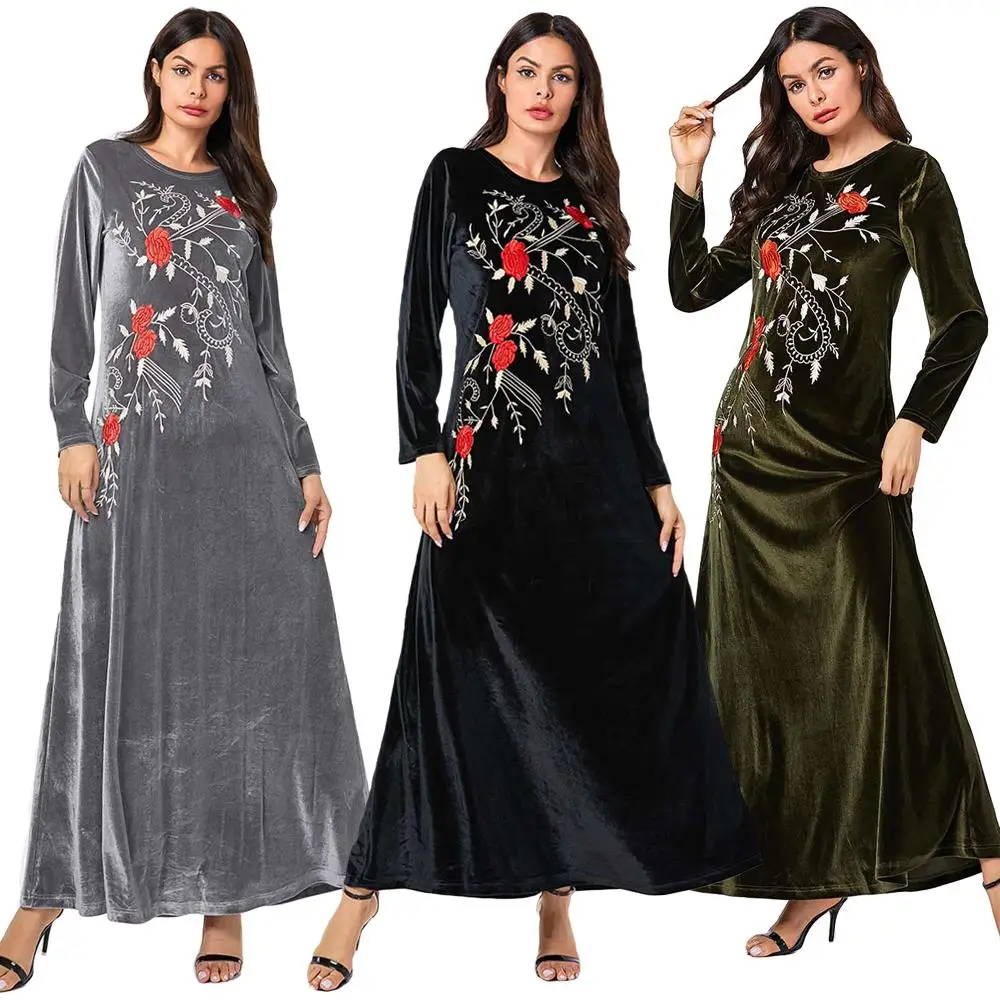Женское бархатное платье с цветочным принтом длинное вышивкой в мусульманском